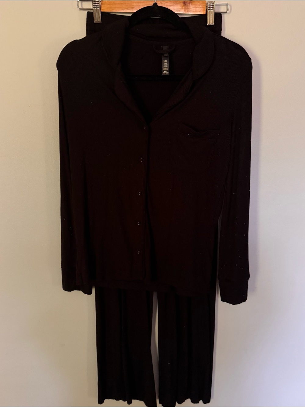 SKIMS Ribbed Pajama Set Long Sleeve Button Up Top & Pants Black XXS